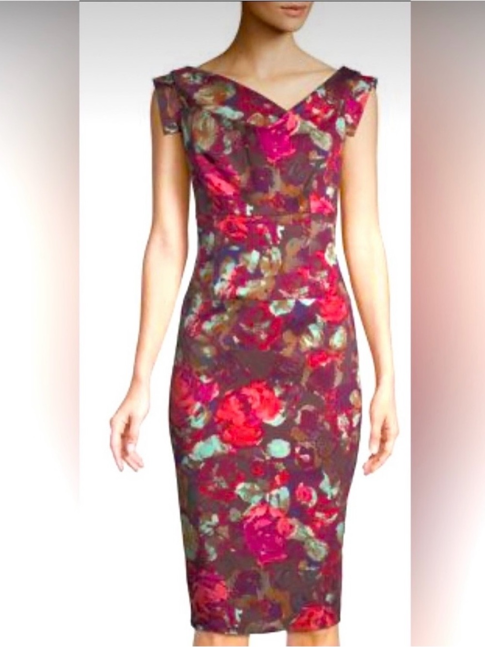 Black Halo Jackie O Drape Neck Multicolor Floral Print Sheath Dress Size 6